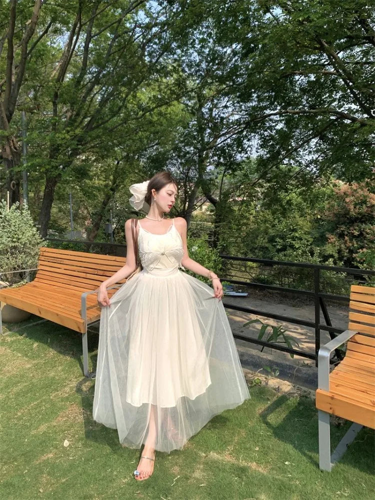 Hnewly  Woman Dress Sleeveless Butterfly Mesh Patchwork Slim Backless Holiday Princess Sweet Elegant Dresses Female Chic