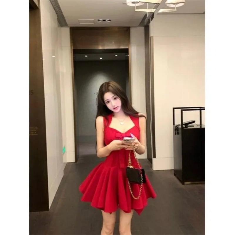 Hnewly  Woman Dress Bow V Neck Sleeveless Slim Square Collar Summer Fashion Sexy Elegant Mini Dresses Party Clubwear Backless