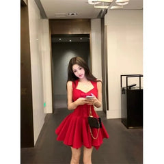 Hnewly  Woman Dress Bow V Neck Sleeveless Slim Square Collar Summer Fashion Sexy Elegant Mini Dresses Party Clubwear Backless