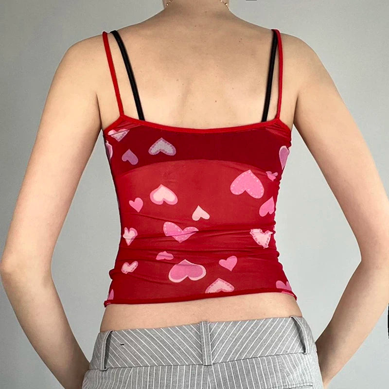 Hnewly Sexy Transparent Camis y2k Cute Heart Print Sleeveless Strap Cropped Top Women Clubwear See Through Tees Summer Harajuku