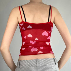 Hnewly Sexy Transparent Camis y2k Cute Heart Print Sleeveless Strap Cropped Top Women Clubwear See Through Tees Summer Harajuku