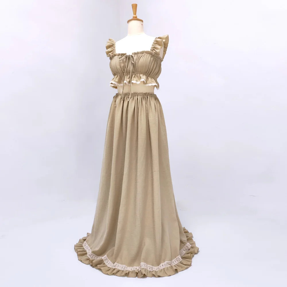 Hnewly  Baby Shower Dresses For Pregnant Woman Cotton Fabric Suspender Two-Piece Dress Set Maternity Photoshoot Dress Photography Dress