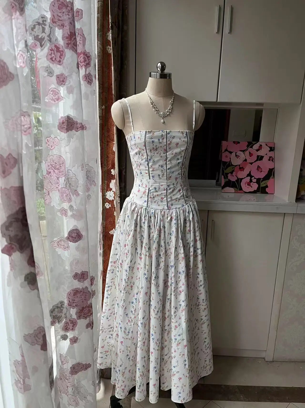 Hnewly French Elegant Flower Prints Camis Dress Women Summer Sexy Spaghetti Strap A Line Dress Lady Fashion Slim Pleated Party Vestidos