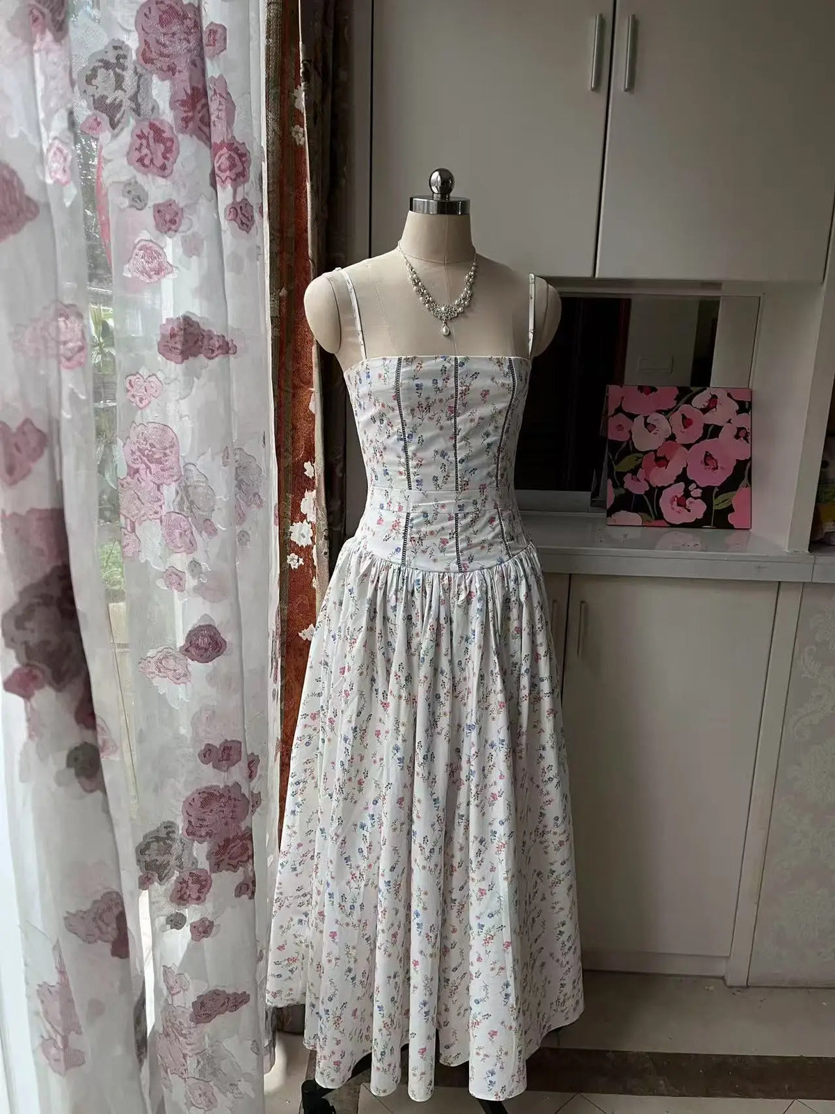 Hnewly French Elegant Flower Prints Camis Dress Women Summer Sexy Spaghetti Strap A Line Dress Lady Fashion Slim Pleated Party Vestidos