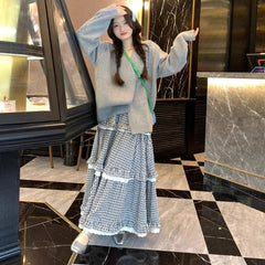 Hnewly  Kawaii Harajuku Plaid Skirt Women Preppy Style Sweet Long Skirts Retro Lace Patchwork A-line Ruffle Skirts Streetwear