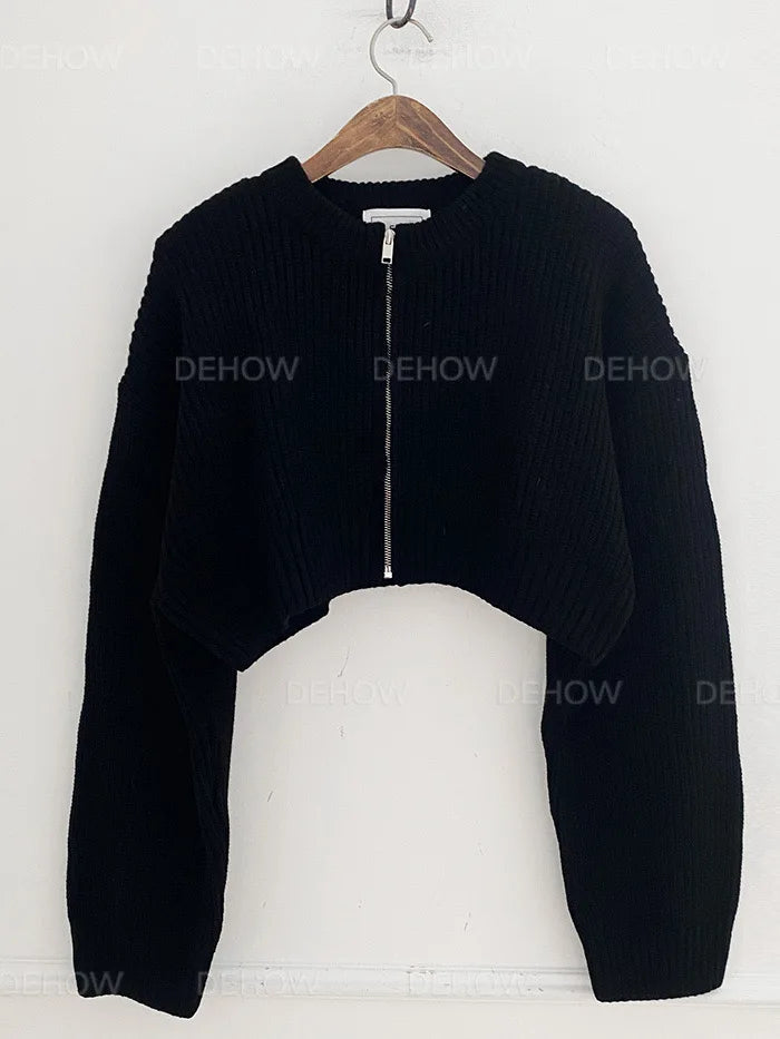 Hnewly  Zip Up Knit Sweater Cardigan Women Long Sleeve Boxy Fit Zipper Front Crop Sweater Jacket Teen-girl Fall Winter Acubi Y2k Outfit