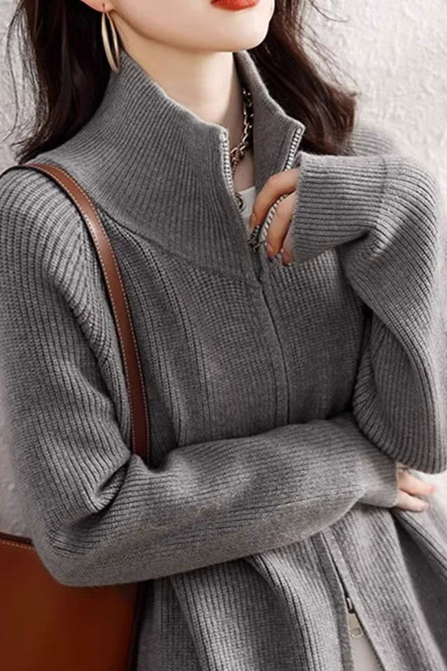 Hnewly  Women's Zip Up Sweater Cardigan Cozy Knit Stand Collar Zipper Front Plain Sweater Jacket Female Korean Chic Fall Winter Outfit