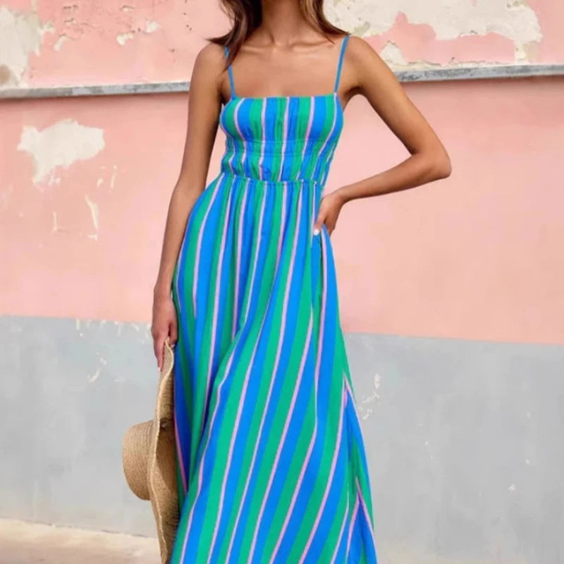 Hnewly  Summer Fashion New Women's Elegant Beach Vacation Dress with Strap Printing Stripe Casual Long A-line Dress Y2k Dress