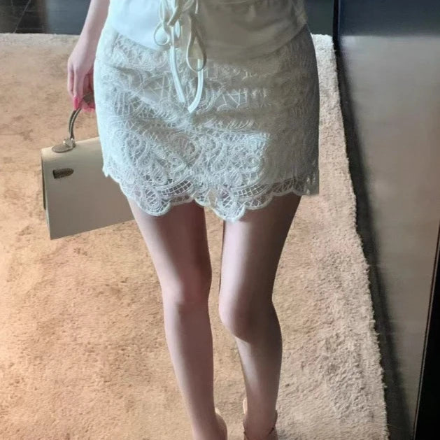 Hnewly  Streetwear Solid Lace Embroidery Mini Skirts Harajuku Women Hollow Out Y2k Aesthetic Skirt Summer Vintage Sweet Basic Faldas