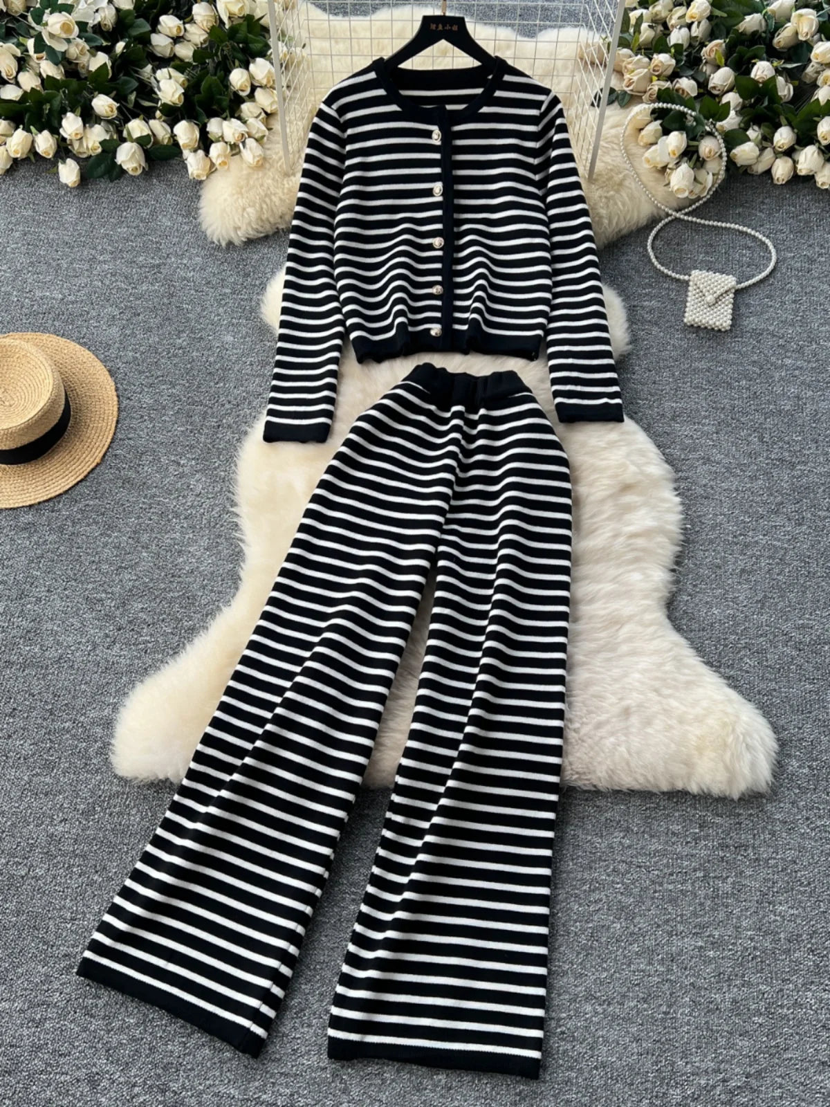 Hnewly  Elegant Knitted Set for Women's High End Versatile Round Neck Striped Knitted Cardigan+High Waist Casual Wide Leg Pants 2PCS