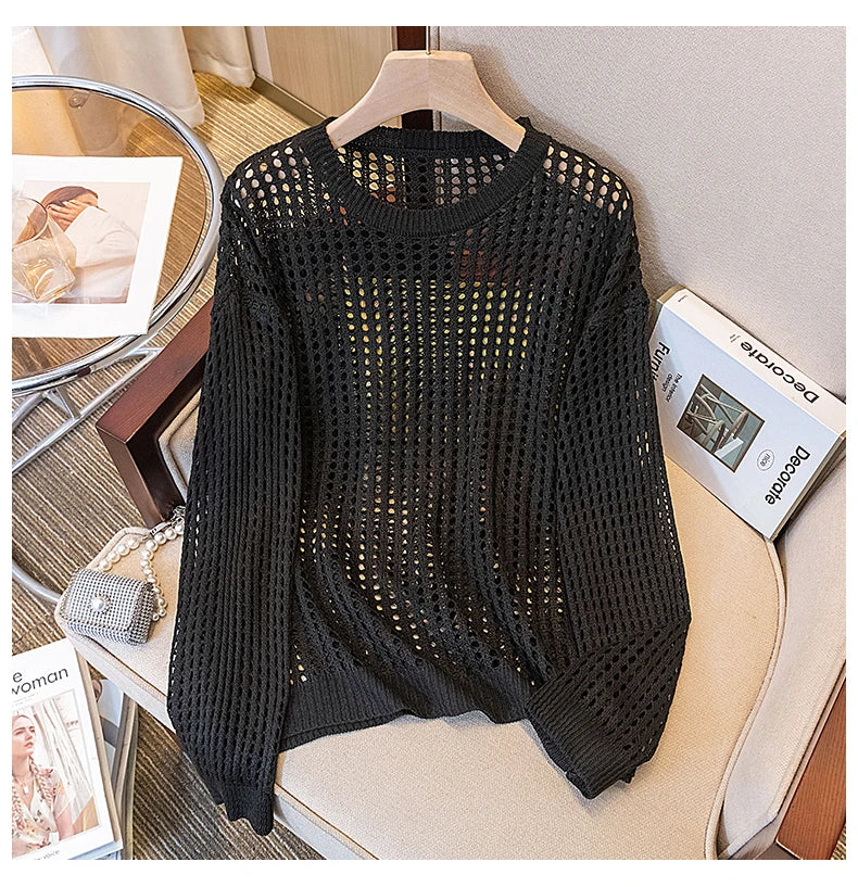 Hnewly  Women Mesh Top Oversized Long Sleeve T-shirts Crew Neck Loose Casual Knit Tees See-Through Openwork Knit Top Women Spring Summer