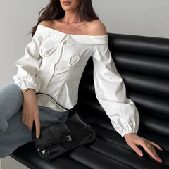 Lunivop  New Spring Autumn French Sexy Off The Shoulder Office Lady Blouse Y2k Fashion Euramerican Slim Waist Draped Clothes Harajuku Top
