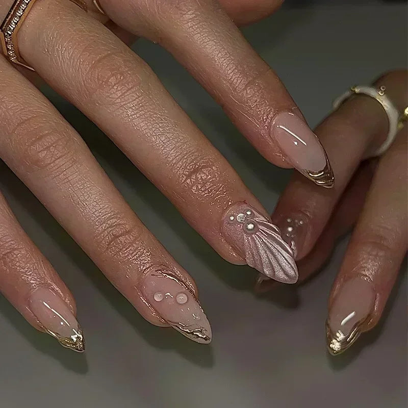Hnewly 24pcs Detachable Flower Almond bowknot French False Nails Stars Love Glitter Design Press on Nails Fake Nials DIY Manicure Nails