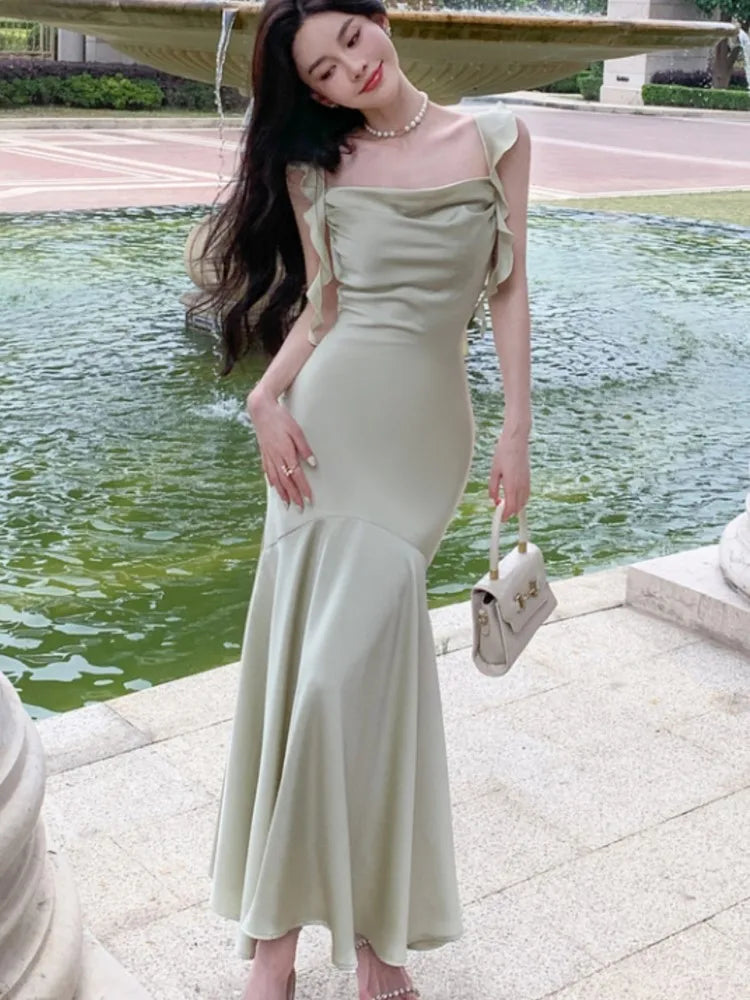 Hnewly Women Elegant Solid Bodycon Mermaid Dresses Summer New Fashion Strap Ruffles beach Vestido Women Wedding Party Clothing