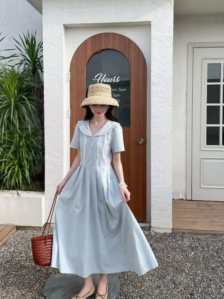 Hnewly  Women Dresses Elegant Peter Pan Collar Lace Patchwork Preppy Style Short Sleeve Summer Fashion French Style Female Dress