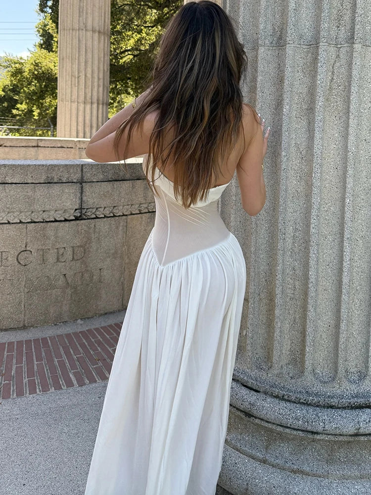 Hnewly   Mesh Patchwork Maxi Dress Women Halter Backless Sleeveless Vacation Fashion Camping Ruched Elegant Classic Vestidos