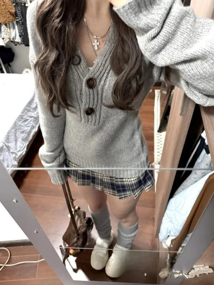Hnewly  Y2k Gray V Neck Sweaters Mujer Autumn Winter New Knitted Pullover Fashion Slim Fit Long Sleeve Top for Women