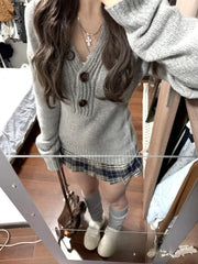 Hnewly  Y2k Gray V Neck Sweaters Mujer Autumn Winter New Knitted Pullover Fashion Slim Fit Long Sleeve Top for Women