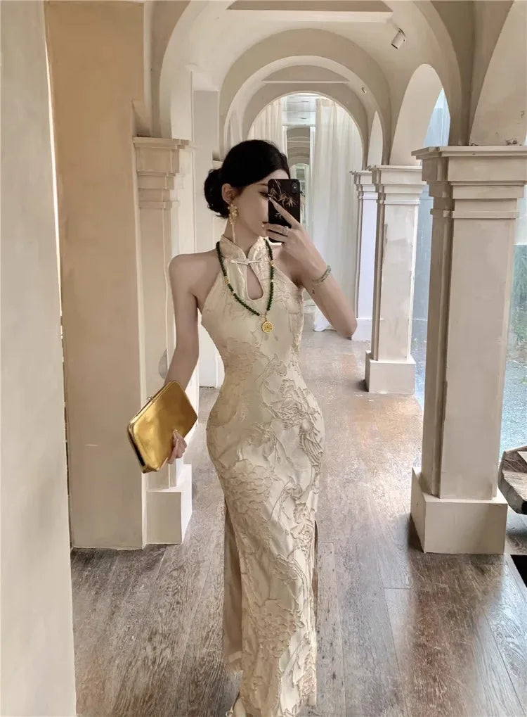 Hnewly  Woman Dress Stand Collar Sleeveless Floral Split Sexy Hollow Out Vintage Summer Fashion Temperament Dresses Party