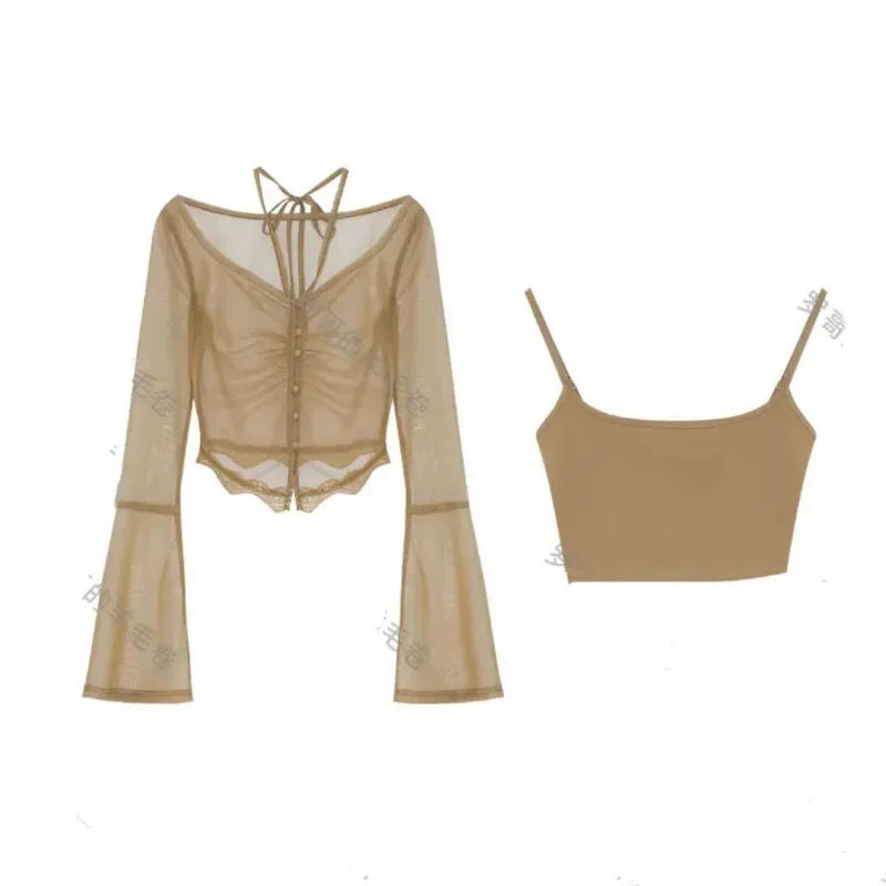 Hnewly spring birthday outfit Red Basic 2 Piece Set Woman Slim Casual Blouse Office Lady Outfit Sexy Y2k Crop Tops Korean Fashion Clothing Chic Summer