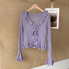 Hnewly  Women's Ruffled Sweater Long Sleeve Slim Fit Rib Knit Top Pullover Jumper Ladies Knitwear Autumn Winter Fairycore Outfit