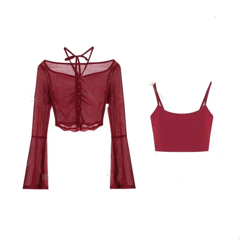 Hnewly spring birthday outfit Red Basic 2 Piece Set Woman Slim Casual Blouse Office Lady Outfit Sexy Y2k Crop Tops Korean Fashion Clothing Chic Summer