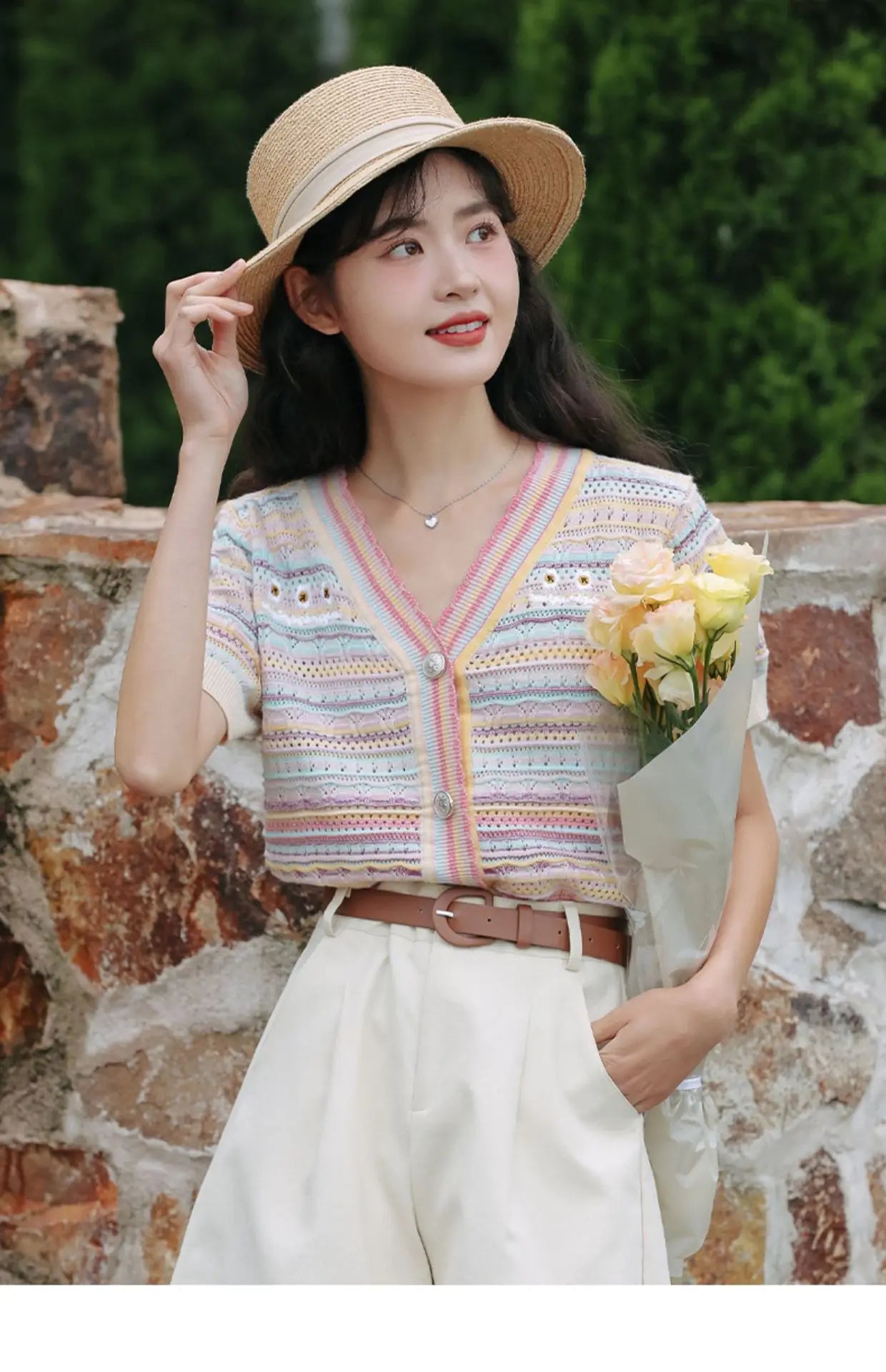 Hnewly Rainbow Striped Knitted Sweater For Women's 2025 Summer New  Thin Short Sleeved V-neck Hollow Out Holiday Sun Protection Top