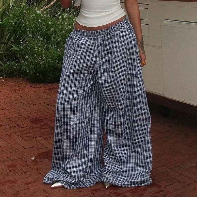 Hnewly Spring New Product Simple and Personalized Waist Collection Color blocked Grid Design Wide Legs Comfortable Pants