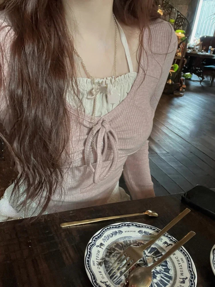 Hnewly new trend inspo Summer Kawaii Sweet Y2k Crop Tops Woman Casual Slim Long Sleeve Blouse Solid Korean Fashion Bodycon Pullover Office Lady