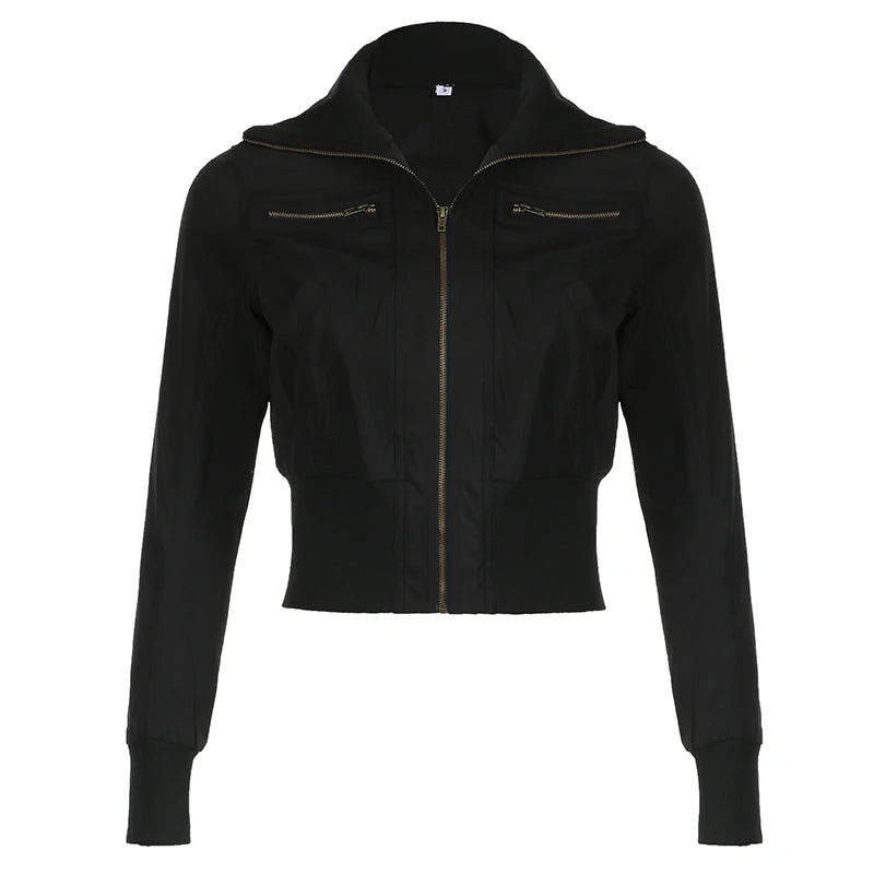 Hnewly Streetwear Black Zip Up Jacket Autumn Winter Turtleneck Full Sleeve Cropped Jackets for Women y2k Vintage Ladies Outwear