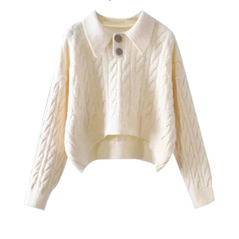 Hnewly  Polo Collar Knit Sweater Women Long Sleeve Button Front Boxy-fit Pullover Cable-knit Jumper Teen-girl Classic Preppy Outfit
