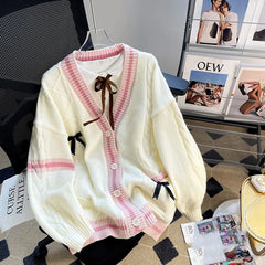 Hnewly  Pink Sweet Women Cardigan Korean Bow Knitted Long Sleeve Female Sweater Jk Preppy Style New Kawaii V Neck Ladies Casual Coats