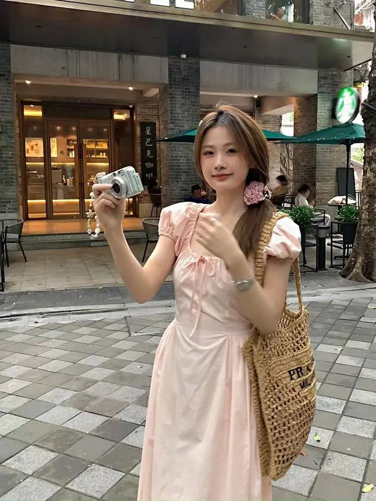 Hnewly  Woman Dress Sweet Square Collar Drawstring Square Collar Short Sleeve Summer Fashion Princess Female Elegant Dresses