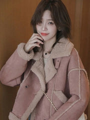 Hnewly  New Arrival Women's Short Lamb Motorcycle Jacket Fall Winter Oversized Faux Fur Lined Warm Thickened Casual Coat