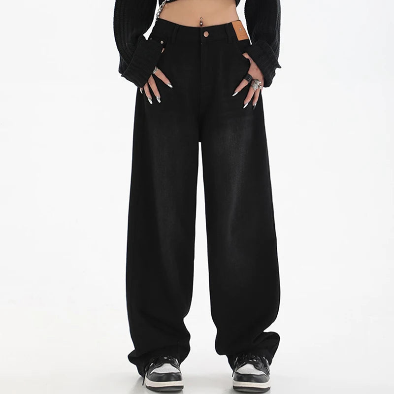 Hnewly Woman High Waist Slim Fit Wide Leg Jeans Female High Street Y2k 2000s Casual Pants Lady Fashion Black Blue Loose Denim Trouserse