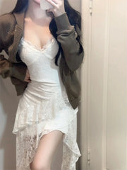 Hnewly 2000s Vintage Y2k Mini Dress Women Casual Sexy Irregular Design Lace Strap Party Dress Bodycon Summer Retro Y2k Fairy Sleeveless