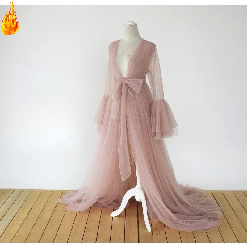Hnewly  Sheer Tulle Maternity Gown – Long Sleeve Formal Evening Dress for Photoshoot, Elegant Robe Dress