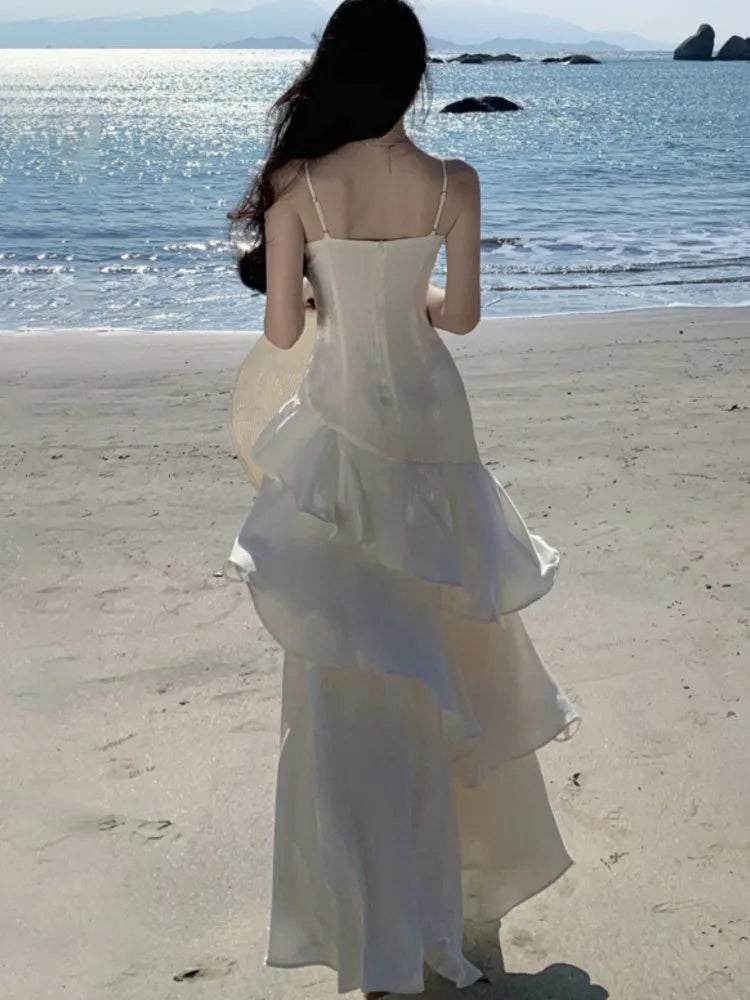 Hnewly Elegant Irregular Spaghetti Strap Womens Dresses Summer Sleeveless Ruffle Birthday Party Long Dress Slim Holiday Beach Vestidos