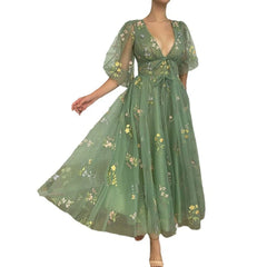 Hnewly  Elegant Green Evening Dresses Puffy Sleeve V Neck Tulle Romantic Flower Backless A Line Floor Length Party Prom Gowns  formal dress