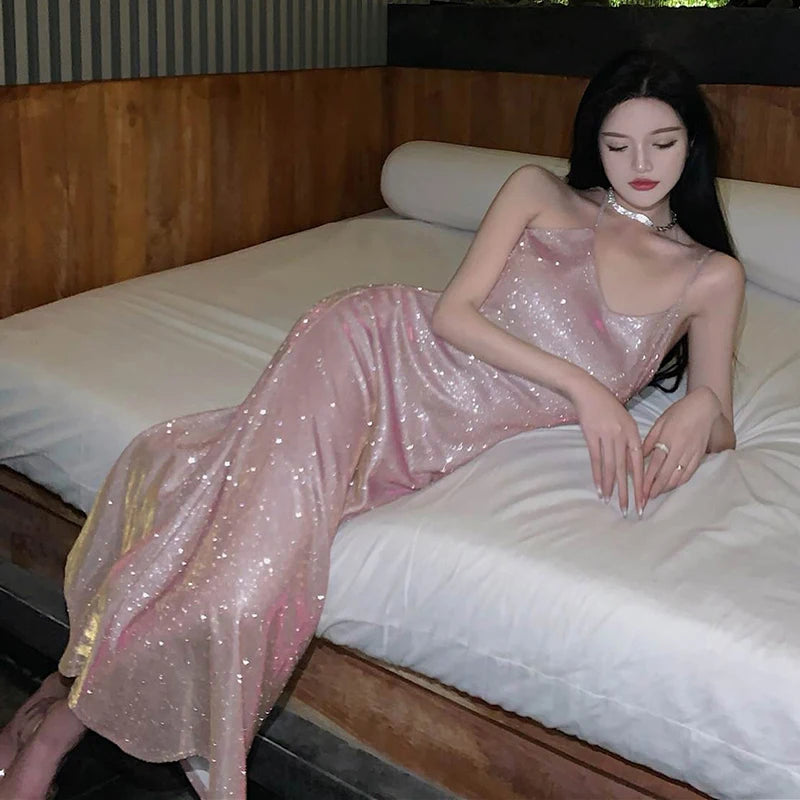 Hnewly Elegant V-Neck Sparkly Dress Women Korean Fashion Spaghetti Strap Evening Dress Ladies Sexy Sequin Off Shoulder Dress