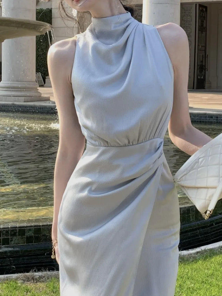 Hnewly Women Summer Halter Satin Midi Party Dress Sleeveless Bodycon Slim Casual Solid Birthday Vestidos Female One Pieces Fashion Robe