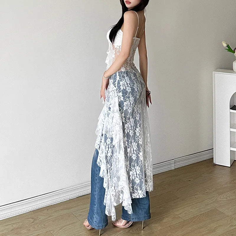Hnewly  Women Dress Sexy Patchwork Mesh Strapless Irregular Waist Ruffled Split Black Dresses Fashion Night Party Vestidos