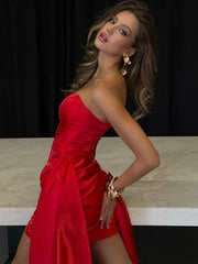 Hnewly  Cutenew Irregular Sexy Christmas 2-Piece Set Women Strapless Tank Top+Ribbon Ruched Peach Hip Skirt Elegant Hottie Clubwear