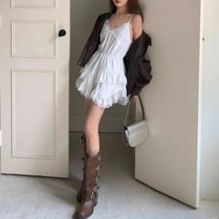 Hnewly  White Lace Mini Dress Women Korean Sweet Sexy One Piece Sleeveless Coquette Aesthetic Elegant Party Short Dresses Y2k