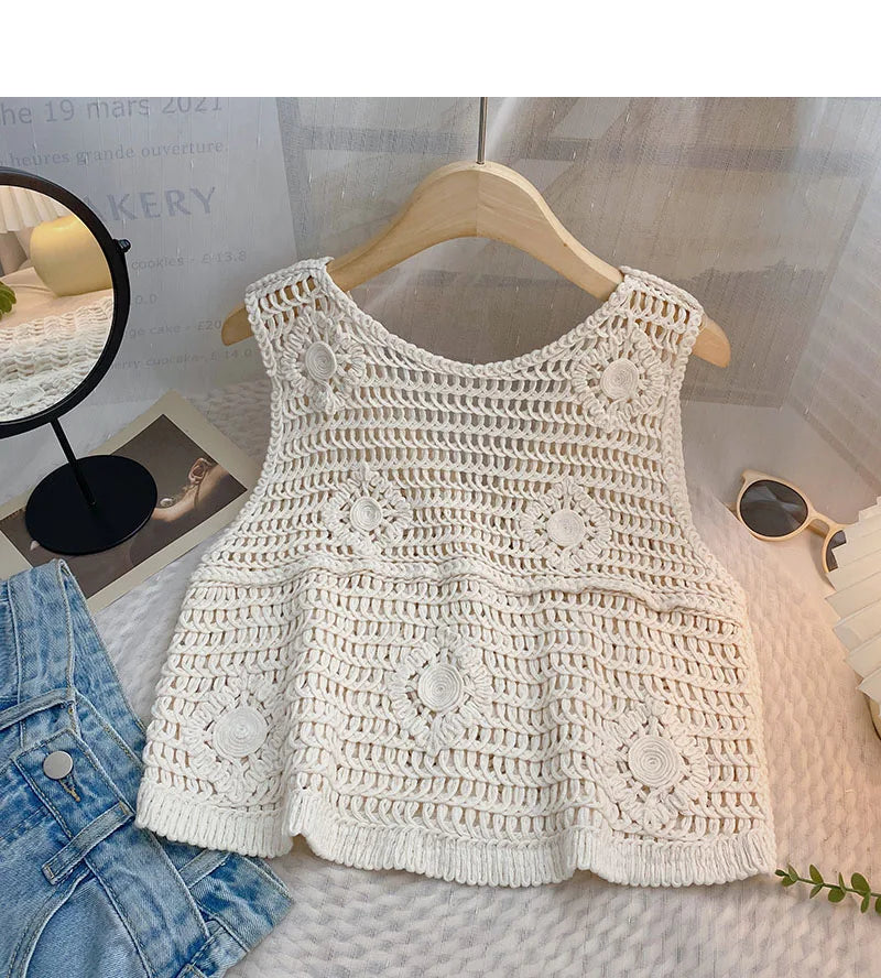 Hnewly Women Summer Hollow Out Knit Vest French Style V-Neck Sleeveless Hooked Flower Sweater 2023 New All-Match Outwear Short Top