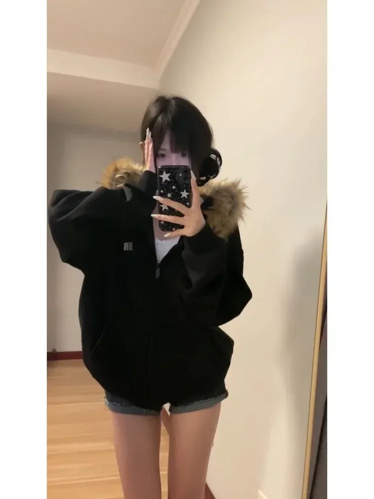 Hnewly Black Zip Up Hoodies Women Vintage Preppy Style Faux Fur Coat Korean Oversized Casual Sweatshirt Harajuku Autumn Winter