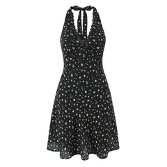 Lunivop  Sexy Black Floral Print Spliced Lace Bow Halter V Collar Backless Mini Dress Women Elastic Zipper Back A-line Short Robe Holiday