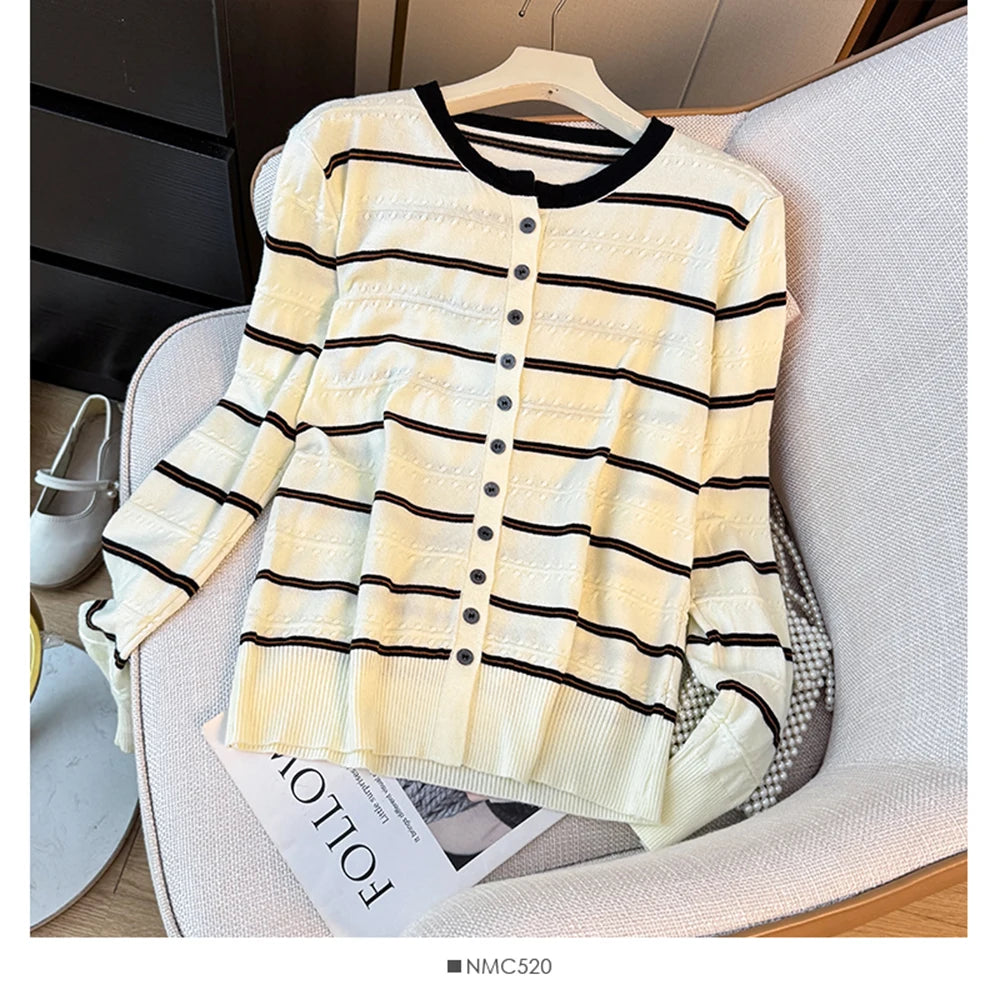 Hnewly  Striped O-neck Long Sleeve Knitted Sweater Women's 2025 Autumn Korean Retro Color Block Loose Fit Versatile Single Breasted Tops