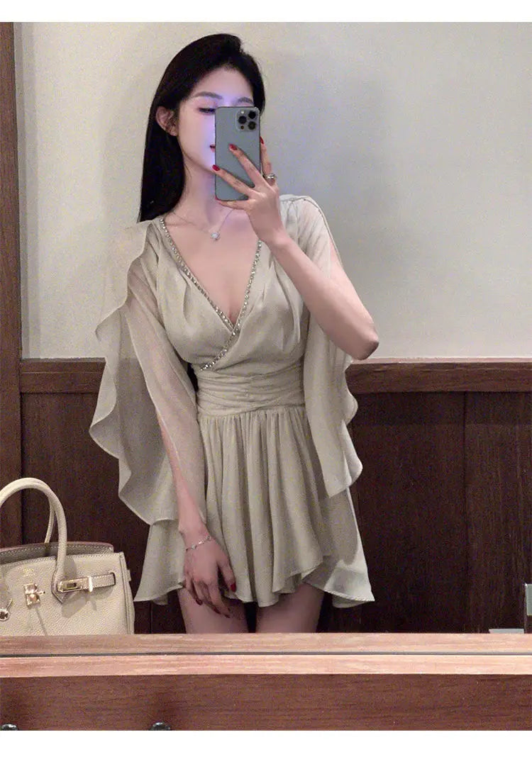 Hnewly  Woman Dress Rhinestone V Neck Ruffles Summer Fashion Sweet Solid Elegant Temperament Mini Dresses Female Casual Chic