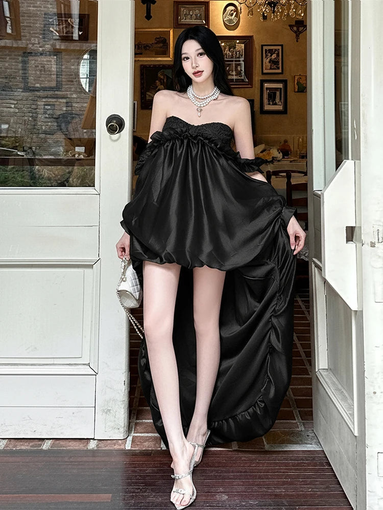 Hnewly  Cutenew See Through Dress Irregular Women Elegant Birthday Party Large Hem Fungus One Shoulder Patchwork Sweet Chic Vestidos